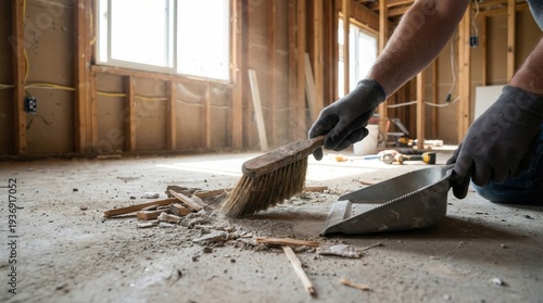 Hands cleaning debris from a construction site floor with a brush and shovel in a partially built room with natural light