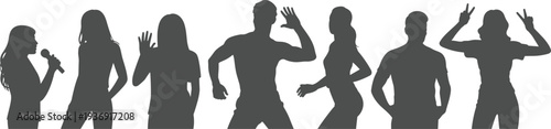 Collection of people silhouettes in expressive poses including singing, dancing and waving isolated on white background representing performance, entertainment, communication and social interaction