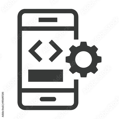 Mobile phone displaying coding interface with gear symbol for technology development and software engineering concept