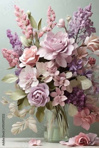 There is a vase filled with pink and purple flowers on a table