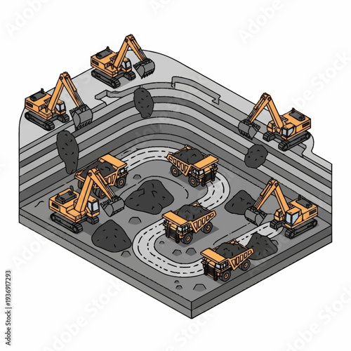 Mining Operation with Excavators and Dump Trucks.