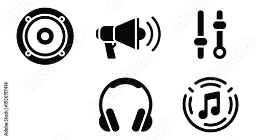 Sound audio music volume icon set with vector illustrations of speakers, volume controls, mute and unmute icons