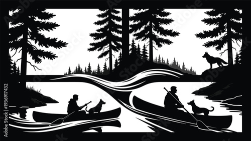 Black and white silhouette of people paddling canoes with dogs through a pine forest river landscape, perfect for outdoor adventure and nature lovers.