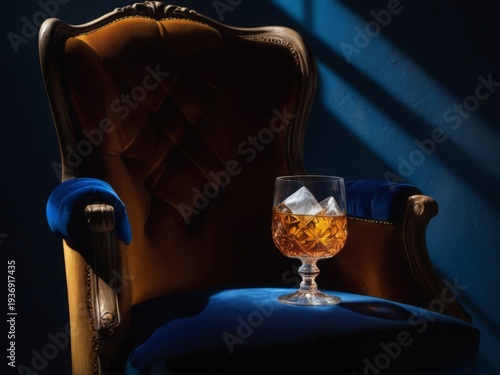 There is a glass of whiskey sitting on a chair in the dark