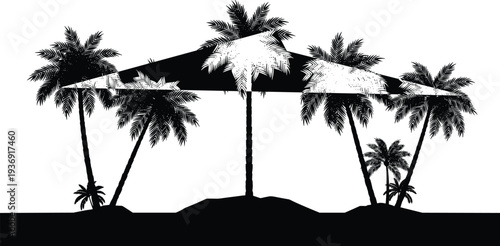 Black and white silhouette of tropical palm trees on islands inside a geometric triangle shape isolated on white background for summer beach vacation design