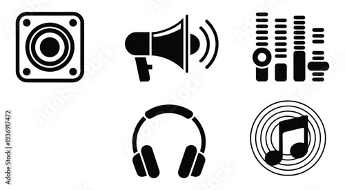 Sound audio music volume icon set, vector design illustration featuring speakers, volume bars, mute and unmute symbols