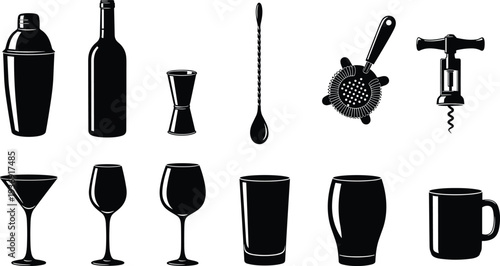 Bar tools and drinkware silhouette vector icons set featuring cocktail shaker, wine bottle, jigger, strainer, corkscrew, and assorted glasses illustration