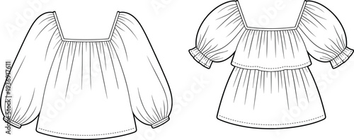 Black and white technical fashion illustration of women’s puff sleeve tops with square neckline, gathered cuffs, ruffled overlay, layered waistline, stylish garment construction sketch