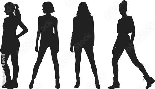 Collection of stylish young women silhouettes standing in confident fashion poses isolated on white background representing modern lifestyle, elegance, style and female character