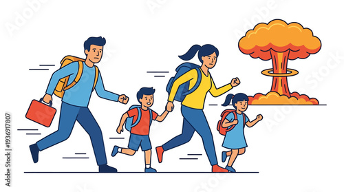 Family Evacuation Scene During Emergency On Trail. Vector Illustrations. EPS Editable