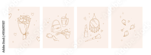 Minimal feminine beauty line art vector set with roses bouquet mirror perfume handbag elegant lifestyle for beauty branding cosmetics packaging social media stickers posters cards and fashion design
