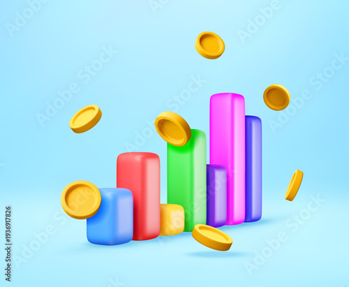 3D Colorful bar chart with rising golden coins. 3d financial growth illustration representing business success, profit increase, and economic development. Digital finance concept. Vector illustration