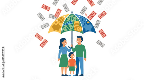 Family Under Umbrella Protecting Finances From Rain of Money. Vector Illustrations. EPS Editable