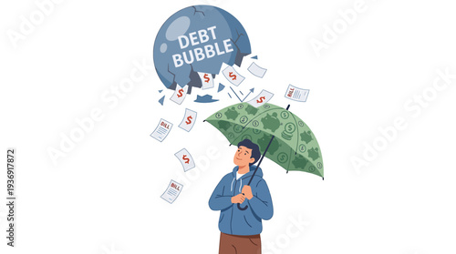Financial Stress Under Umbrella Debt Clouds Concept. Vector Illustrations. EPS Editable