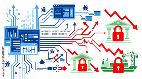 Futuristic Cybersecurity Network With Locks and Circuits. Vector Illustrations. EPS Editable