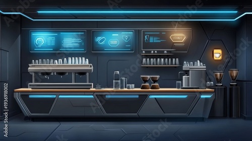 Wallpaper Mural A futuristic coffee bar features sleek technology, glowing displays, and a modern aesthetic Torontodigital.ca