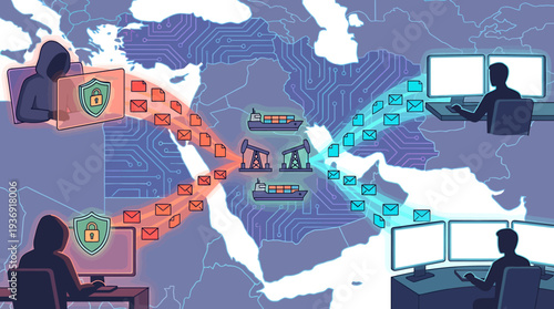 Global Digital Security and Networking Collaboration Concept. Vector Illustrations. EPS Editable