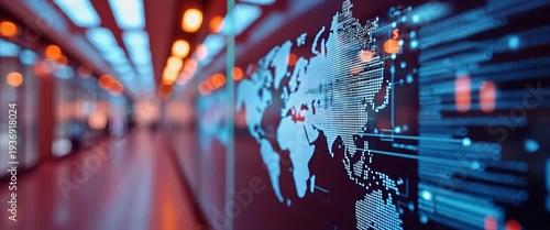 Dynamic digital world map glows as camera slowly pans across futuristic data center, vibrant lights flicker in a cinematic, technology-driven atmosphere, ideal for innovation themes.