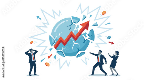 Global Growth Concept with Rising Arrow and Celebrating People. Vector Illustrations. EPS Editable