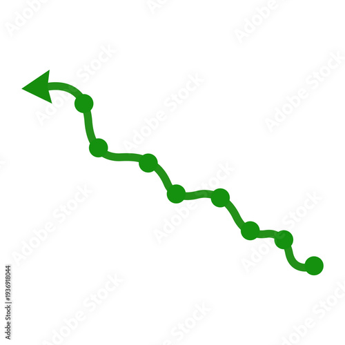 Green wavy arrow line graph with dots, conceptual symbol for fluctuating trends, process flow, and financial movement isolated on white background