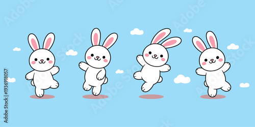 Cute cartoon bunny characters jumping happily in the sky with clouds isolated on blue background representing joy, playfulness, childhood and adorable animal illustration