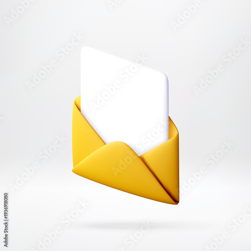 3D Yellow envelope with white paper blank letter. Three dimensional icon of mail message. Communication, digital correspondence and business notification concept. Vector illustration