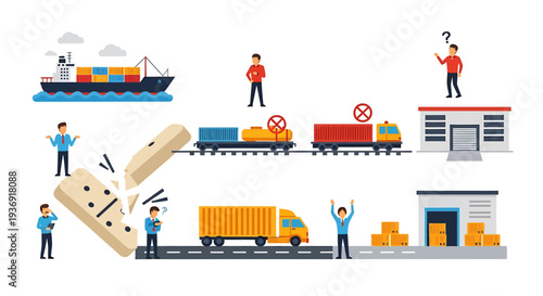 Global Logistics Scene With Ships Trucks And Workers. Vector Illustrations. EPS Editable