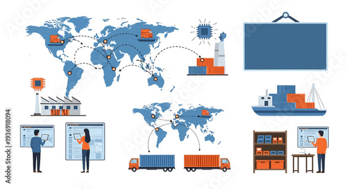 Global Logistics and Warehouse Teamwork Visual Guide. Vector Illustrations. EPS Editable