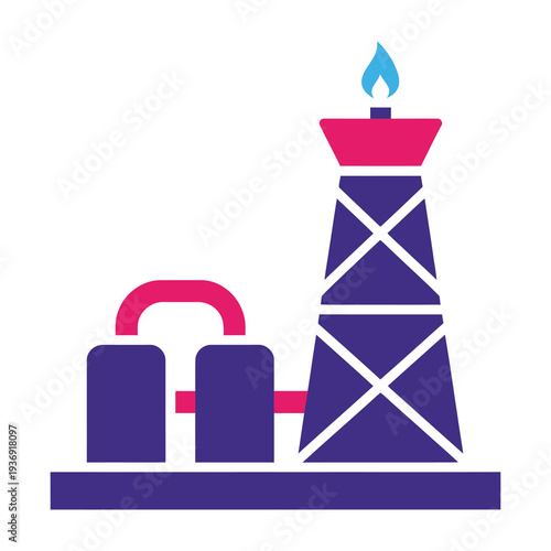 Modern industrial illustration featuring a stylized oil extraction tower with a flame top and interconnected pipelines glowing under vibrant pink and blue hues against a solid base