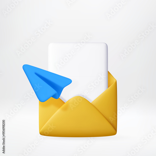 3D Yellow envelope with white paper and blue paper plane. Digital message delivery concept. Correspondence, email communication and information transfer technology. Vector illustration