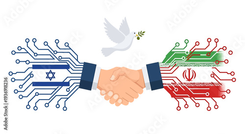 Global Tech Collaboration Symbolic Hands Shake Across Circuits. Vector Illustrations. EPS Editable