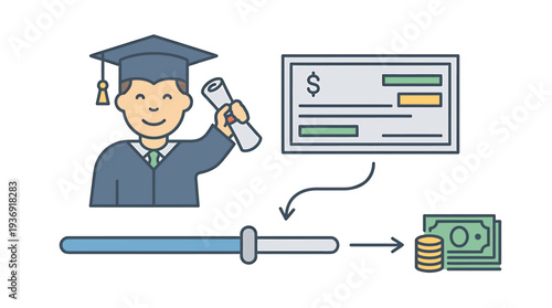 Graduation Graduate with Diploma and Finance Icons. Vector Illustrations. EPS Editable