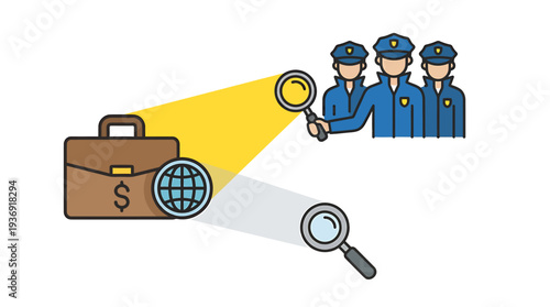 Group of Detectives Investigating Security Concept with Magnifying Glass and Briefcase. Vector Illustrations. EPS Editable