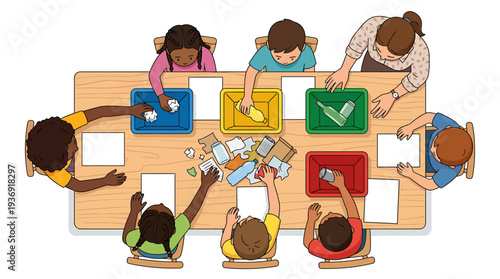 Group of Students Collaborating Around a Table with Tablets and Papers. Vector Illustrations. EPS Editable