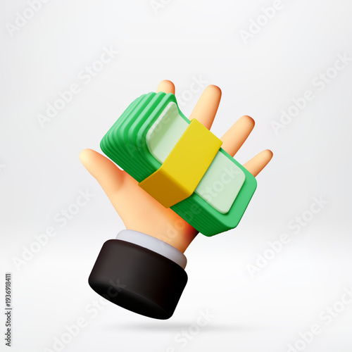 3d cartoon hand of businessman holding stack of green money. Financial success and wealth concept. Banking, investment, payment, and business growth illustration. Vector illustration