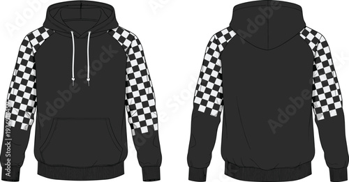 Black Raglan Hoodie with Checkered Sleeves Technical Drawing Vector, Streetwear Pullover Fashion Flat Sketch, Front and Back View Tech Pack Template