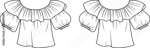 Fashion technical illustration of off-the-shoulder blouse with puffed sleeves, ruffled neckline, gathered fabric details, feminine silhouette front and back garment design drawing