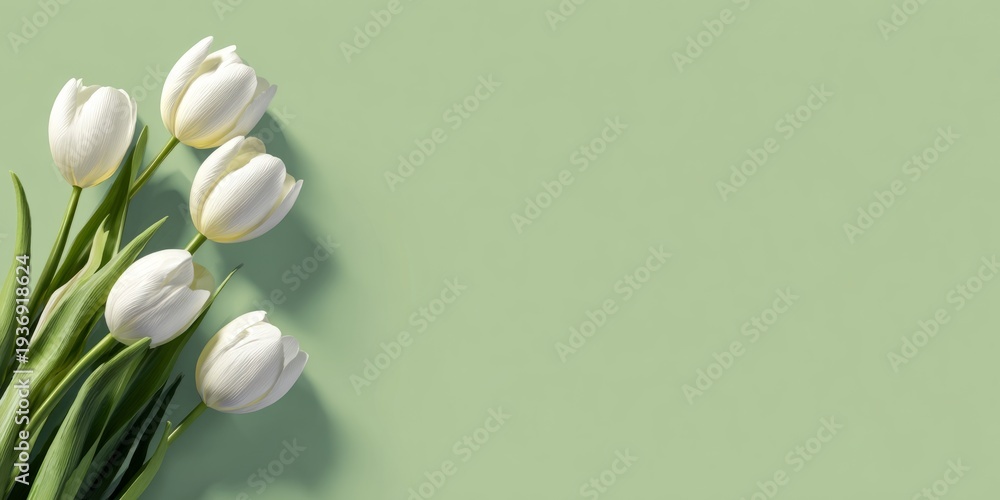 Fototapeta premium Elegant white tulips bloom against a serene sage green background, a fresh spring delight.
