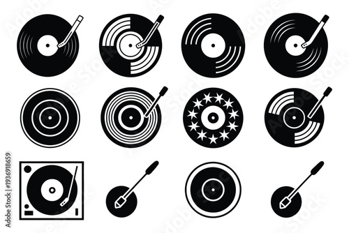 Grid icon stack crate stylus vinyl LP cover tonearm base vintage classic turntable elements and vinyl record icons in grid arrangement for retro music collection, analog sound and
