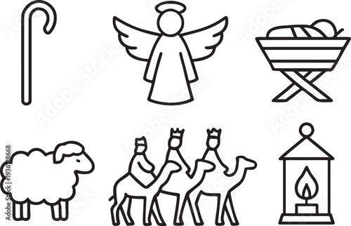 Nativity scene icons shepherd s crook angel manger sheep and wise men