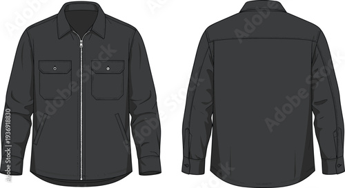 Black zip up jacket mockup, front and back view long sleeve utility shirt isolated on white background vector illustration