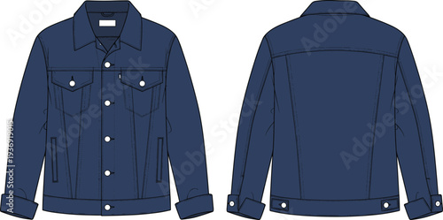 Blue denim jacket mockup, front and back view classic buttoned casual outerwear isolated on white background vector illustration