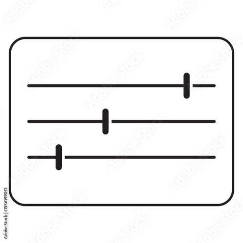 Settings, filters, or user preferences icon representing a frame containing three horizontal slider bars with circular adjustment toggles