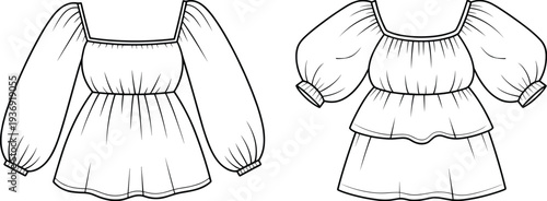 Elegant black and white fashion illustration of women’s puff sleeve tops with square neckline, gathered waist, peplum and tiered design, stylish garment construction sketch