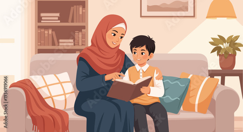 Loving Muslim mother reads a storybook to her young son on a cozy living room sofa, fostering education and family bonding in a warm home environment.