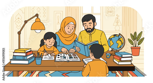 Muslim family learning at home, parents helping children with homework and studies. Fostering education, knowledge, and strong family bonds in a warm domestic setting.