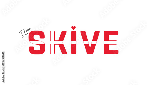 I love Skive, Typographic design of I love Skive on a white background, Flag typography of Skive with heart, Vector design of Skive City of Denmark, I love Denmark, Flag of Denmark