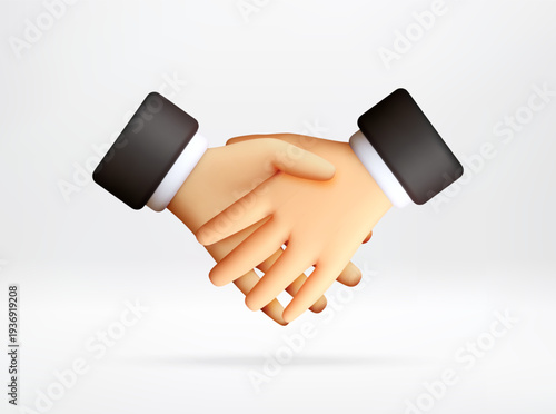 Handshake of two businessmen in 3D style. Cooperation and partnership concept illustration. Professional agreement, deal success and business communication. Vector illustration