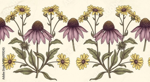 Vintage Botanical Illustration of Echinacea Flowers Border Pattern.