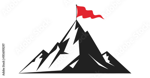 Stylized mountain peak with a bright red flag planted on the summit, representing triumph, ambition, achievement